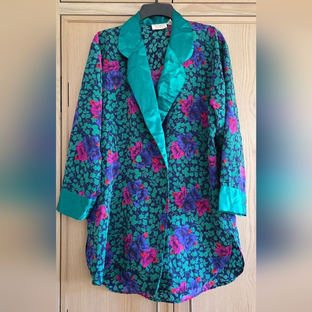 Victoria's Secret Gold Label Lush Green Floral Robe Double Breasted Vintage 80's
